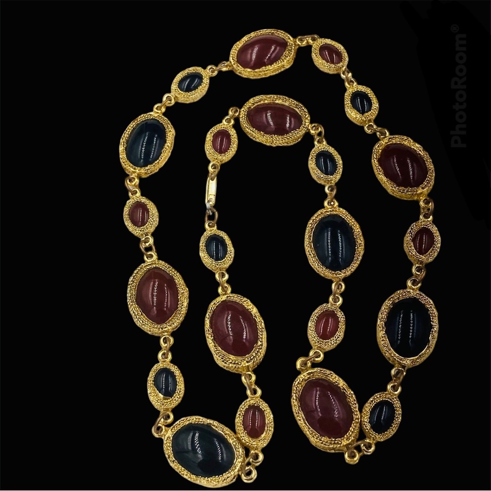 Chunky Vintage Carol Dauplaise Carnelian and Black Glass Link Necklace